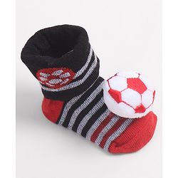Cute Walk by Babyhug Fabric Ankle Length Socks Shoes with Striped Design & Ball Applique- Red & Black
