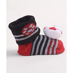 Cute Walk by Babyhug Fabric Ankle Length Socks Shoes with Striped Design & Ball Applique- Red & Black