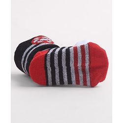 Cute Walk by Babyhug Fabric Ankle Length Socks Shoes with Striped Design & Ball Applique- Red & Black