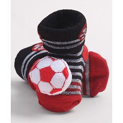Cute Walk by Babyhug Fabric Ankle Length Socks Shoes with Striped Design & Ball Applique- Red & Black