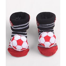 Cute Walk by Babyhug Fabric Ankle Length Socks Shoes with Striped Design & Ball Applique- Red & Black