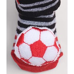 Cute Walk by Babyhug Fabric Ankle Length Socks Shoes with Striped Design & Ball Applique- Red & Black