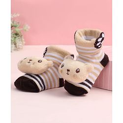 Cute Walk by Babyhug Fabric Ankle Length Socks Shoes with Striped Design & Bear Applique- Beige & Black