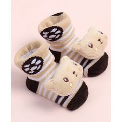 Cute Walk by Babyhug Fabric Ankle Length Socks Shoes with Striped Design & Bear Applique- Beige & Black