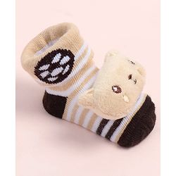Cute Walk by Babyhug Fabric Ankle Length Socks Shoes with Striped Design & Bear Applique- Beige & Black