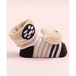 Cute Walk by Babyhug Fabric Ankle Length Socks Shoes with Striped Design & Bear Applique- Beige & Black