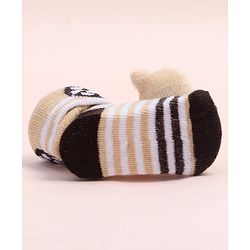 Cute Walk by Babyhug Fabric Ankle Length Socks Shoes with Striped Design & Bear Applique- Beige & Black
