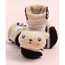 Cute Walk by Babyhug Fabric Ankle Length Socks Shoes with Striped Design & Bear Applique- Beige & Black