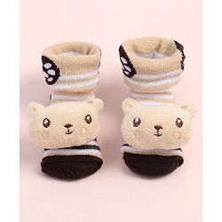 Cute Walk by Babyhug Fabric Ankle Length Socks Shoes with Striped Design & Bear Applique- Beige & Black