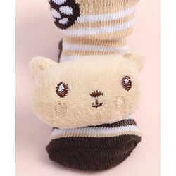 Cute Walk by Babyhug Fabric Ankle Length Socks Shoes with Striped Design & Bear Applique- Beige & Black