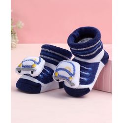 Cute Walk by Babyhug Fabric Ankle Length Socks Shoes with Striped Design &  Applique- Navy Blue & White