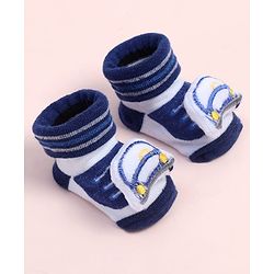 Cute Walk by Babyhug Fabric Ankle Length Socks Shoes with Striped Design &  Applique- Navy Blue & White