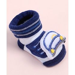 Cute Walk by Babyhug Fabric Ankle Length Socks Shoes with Striped Design &  Applique- Navy Blue & White