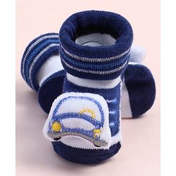 Cute Walk by Babyhug Fabric Ankle Length Socks Shoes with Striped Design &  Applique- Navy Blue & White