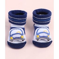 Cute Walk by Babyhug Fabric Ankle Length Socks Shoes with Striped Design &  Applique- Navy Blue & White