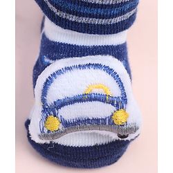 Cute Walk by Babyhug Fabric Ankle Length Socks Shoes with Striped Design &  Applique- Navy Blue & White