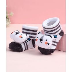 Cute Walk by Babyhug Fabric Ankle Length Socks Shoes with Striped Design & Bear Applique- White & Black
