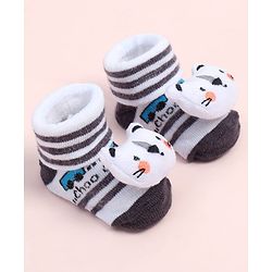 Cute Walk by Babyhug Fabric Ankle Length Socks Shoes with Striped Design & Bear Applique- White & Black