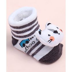 Cute Walk by Babyhug Fabric Ankle Length Socks Shoes with Striped Design & Bear Applique- White & Black