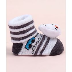 Cute Walk by Babyhug Fabric Ankle Length Socks Shoes with Striped Design & Bear Applique- White & Black