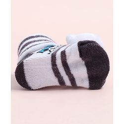 Cute Walk by Babyhug Fabric Ankle Length Socks Shoes with Striped Design & Bear Applique- White & Black