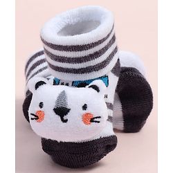 Cute Walk by Babyhug Fabric Ankle Length Socks Shoes with Striped Design & Bear Applique- White & Black