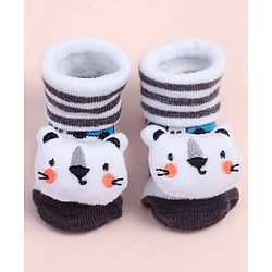 Cute Walk by Babyhug Fabric Ankle Length Socks Shoes with Striped Design & Bear Applique- White & Black