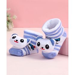 Cute Walk by Babyhug Fabric Ankle Length Socks Shoes with Striped Design & Bear Applique- Light Blue & White