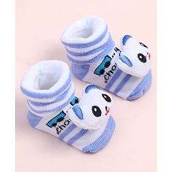 Cute Walk by Babyhug Fabric Ankle Length Socks Shoes with Striped Design & Bear Applique- Light Blue & White