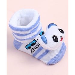 Cute Walk by Babyhug Fabric Ankle Length Socks Shoes with Striped Design & Bear Applique- Light Blue & White