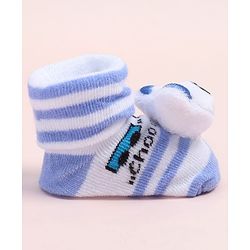 Cute Walk by Babyhug Fabric Ankle Length Socks Shoes with Striped Design & Bear Applique- Light Blue & White