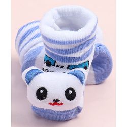 Cute Walk by Babyhug Fabric Ankle Length Socks Shoes with Striped Design & Bear Applique- Light Blue & White