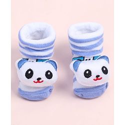 Cute Walk by Babyhug Fabric Ankle Length Socks Shoes with Striped Design & Bear Applique- Light Blue & White