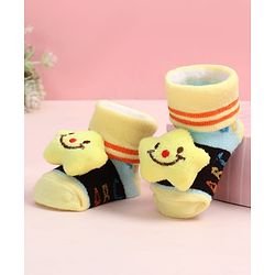 Cute Walk by Babyhug Fabric Ankle Length Socks Shoes with Alphabet Design & Star Applique- Black & Yellow