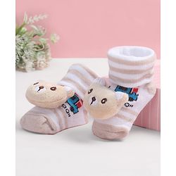 Cute Walk by Babyhug Fabric Ankle Length Socks Shoes with Train Design & Kitten Applique- Biege