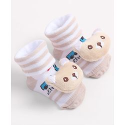 Cute Walk by Babyhug Fabric Ankle Length Socks Shoes with Train Design & Kitten Applique- Biege