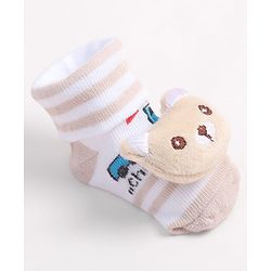 Cute Walk by Babyhug Fabric Ankle Length Socks Shoes with Train Design & Kitten Applique- Biege