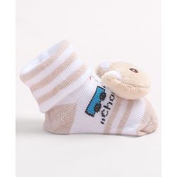 Cute Walk by Babyhug Fabric Ankle Length Socks Shoes with Train Design & Kitten Applique- Biege