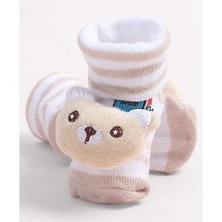 Cute Walk by Babyhug Fabric Ankle Length Socks Shoes with Train Design & Kitten Applique- Biege