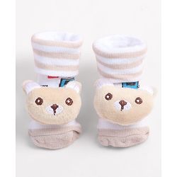 Cute Walk by Babyhug Fabric Ankle Length Socks Shoes with Train Design & Kitten Applique- Biege