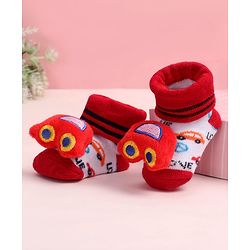 Cute Walk by Babyhug Fabric Ankle Length Socks Shoes with Car Design & Applique- Red