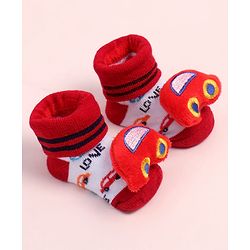 Cute Walk by Babyhug Fabric Ankle Length Socks Shoes with Car Design & Applique- Red