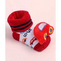 Cute Walk by Babyhug Fabric Ankle Length Socks Shoes with Car Design & Applique- Red