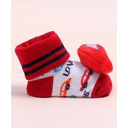 Cute Walk by Babyhug Fabric Ankle Length Socks Shoes with Car Design & Applique- Red