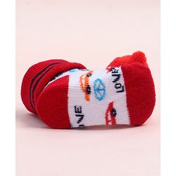 Cute Walk by Babyhug Fabric Ankle Length Socks Shoes with Car Design & Applique- Red