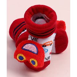 Cute Walk by Babyhug Fabric Ankle Length Socks Shoes with Car Design & Applique- Red