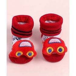 Cute Walk by Babyhug Fabric Ankle Length Socks Shoes with Car Design & Applique- Red