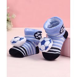 Cute Walk by Babyhug Fabric Ankle Length Socks Shoes with Striped Design & Ball Applique- Blue & Black