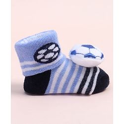 Cute Walk by Babyhug Fabric Ankle Length Socks Shoes with Striped Design & Ball Applique- Blue & Black