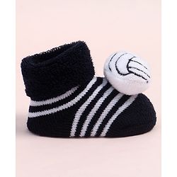 Cute Walk by Babyhug Fabric Ankle Length Socks Shoes with Striped Design & Ball Applique- Black